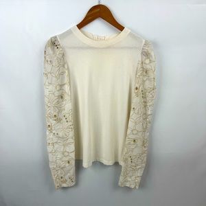 See by Chloe off-white long, lace, puff sleeve crew neck shirt, size M